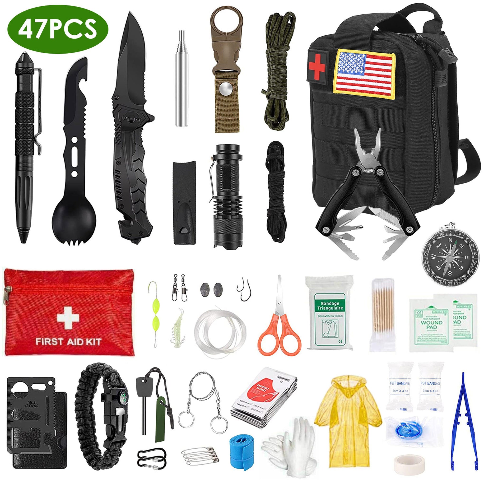 47-Piece Emergency Survival Kit with Tools, First Aid, and Pouch
