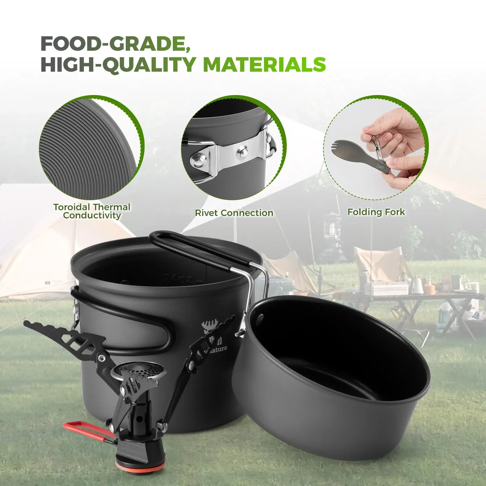 Ultra-Light Aluminum Camping Cookware Set with Nestable Handles for Outdoors